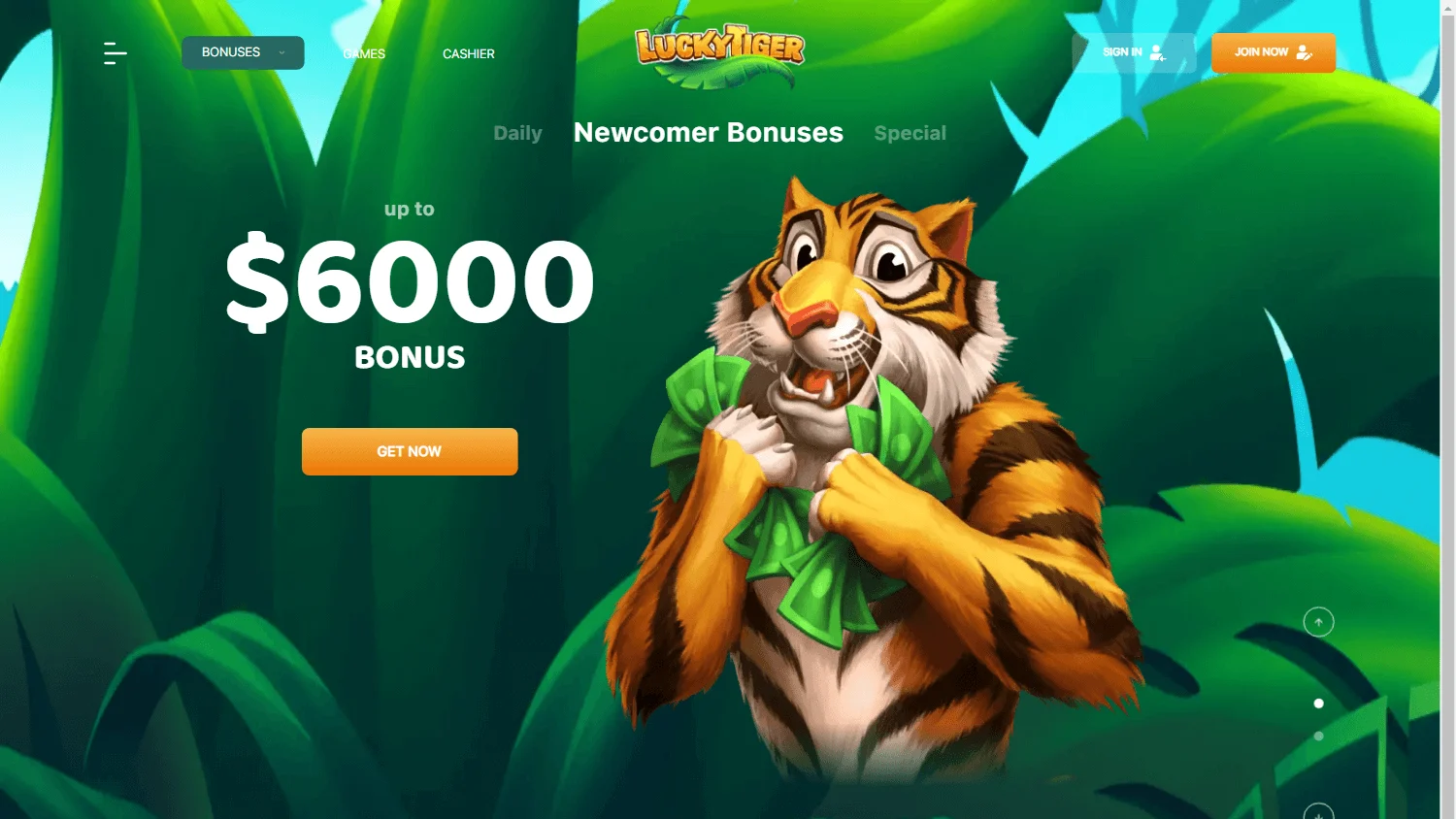Lucky Tiger Casino promotions interface on desktop