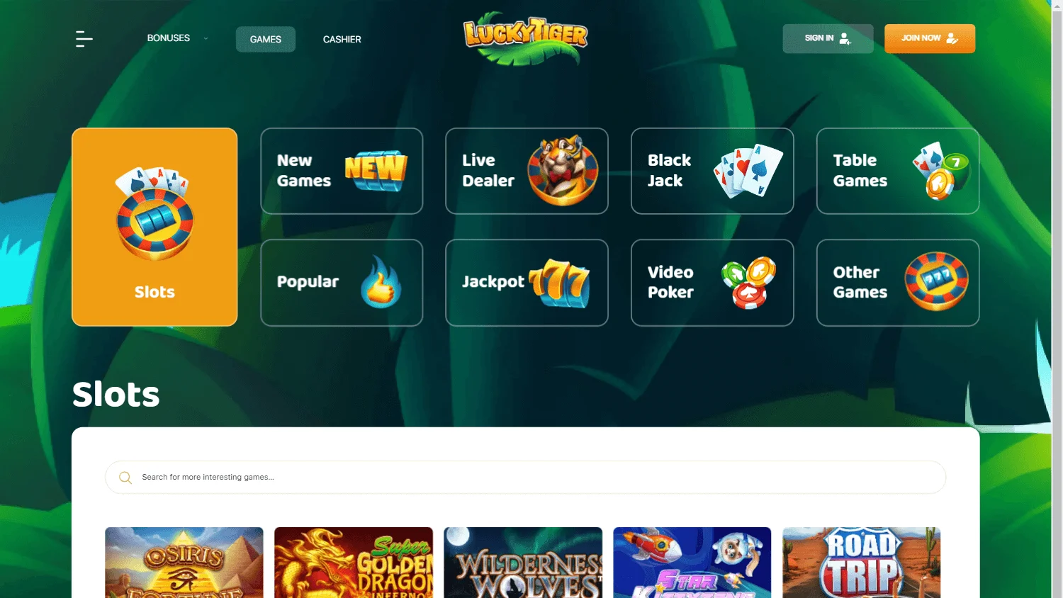 Lucky Tiger Casino game library on desktop