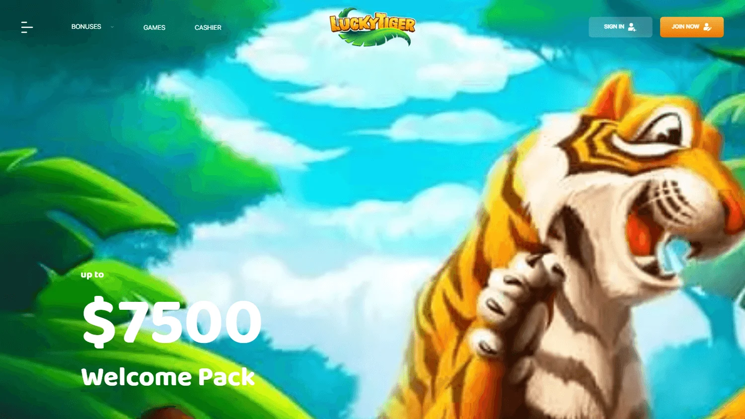 Lucky Tiger Casino home interface on desktop